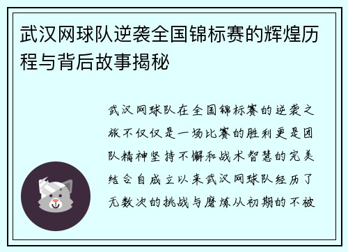 武汉网球队逆袭全国锦标赛的辉煌历程与背后故事揭秘